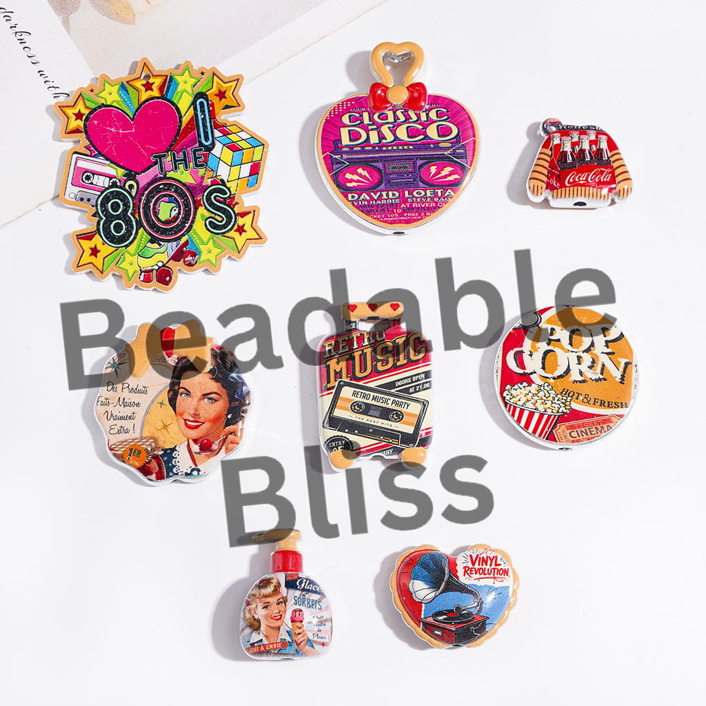 Retro Elements Soda Drinking Disco Cassette Tapes Popcorn Record Players Acrylic Beads and Pendants, Silver Border, Random Mix