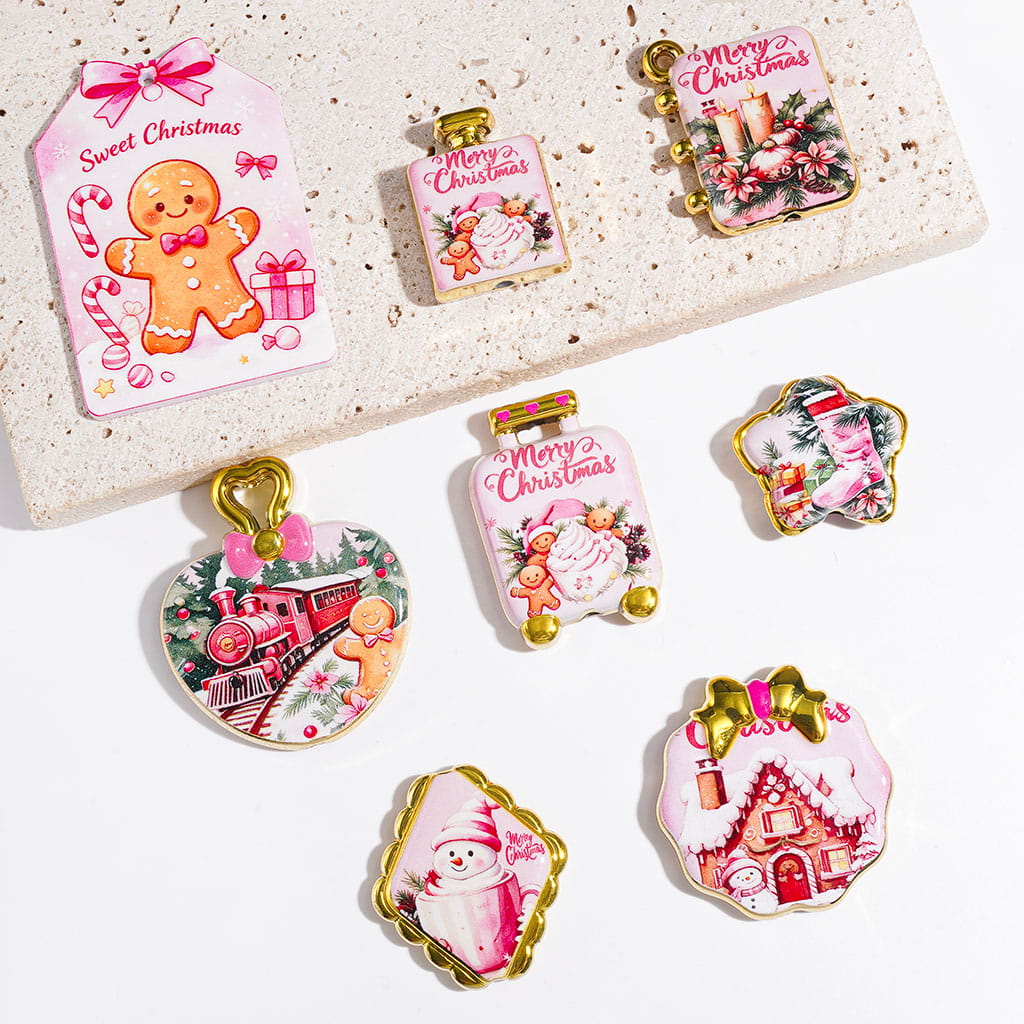 Gingerbread Men Train Snowmen House Stocking Candles Gift in Pink Christmas Theme Acrylic Beads and Pendants, Gold Border, Random Mix