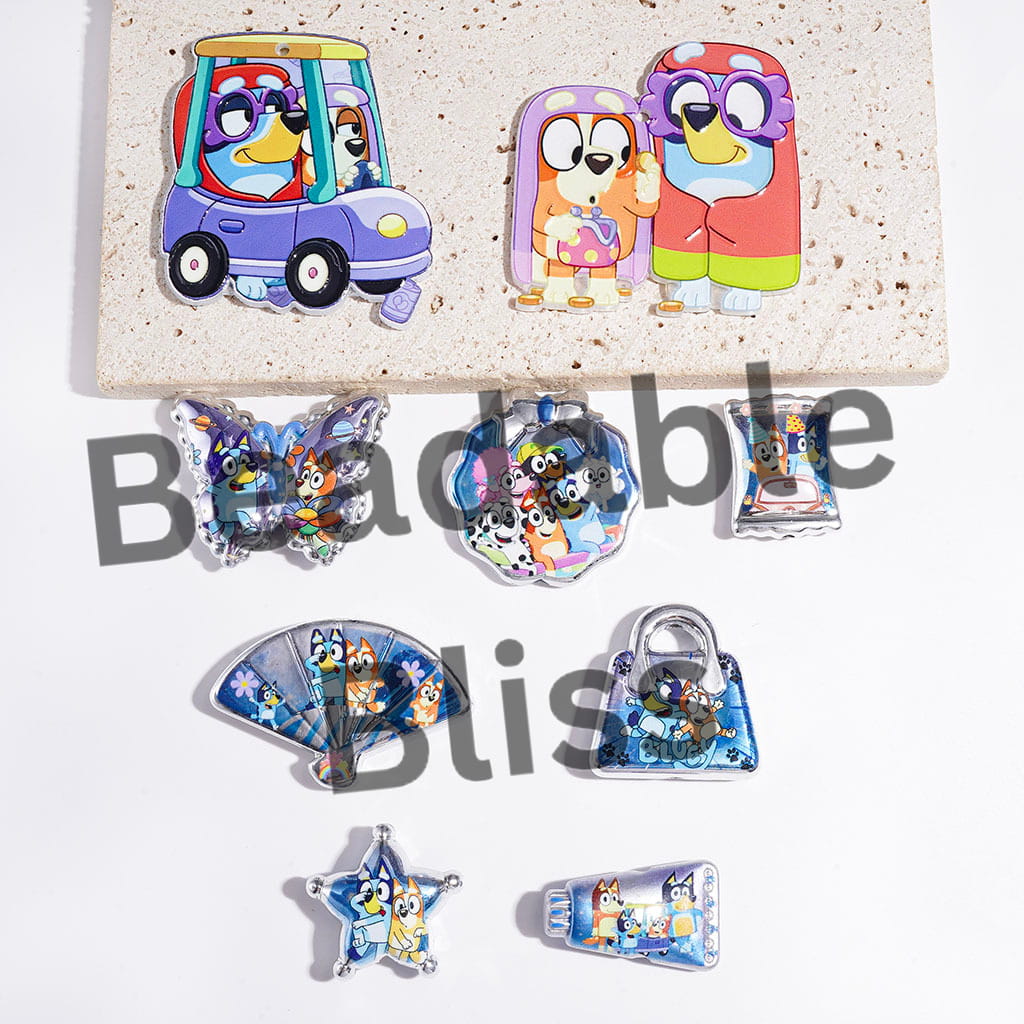 Acrylic Beads and Pendants Family Theme Blue Dog Character Series, Silver Border, Random Mix