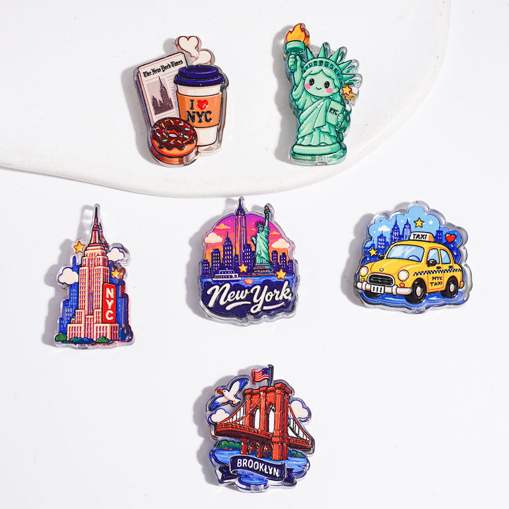 New York City Theme Acrylic Beads, Taxi Statue of Liberty Brooklyn Coffee, Semi-Clear, Random Mix