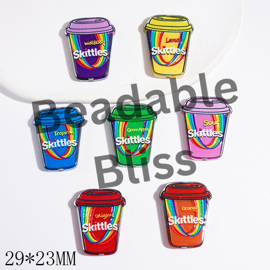 Acrylic Beads Coffee Cup with Rainbow Candy Text Prints, 29*23MM, Multi-Color, Random Mix