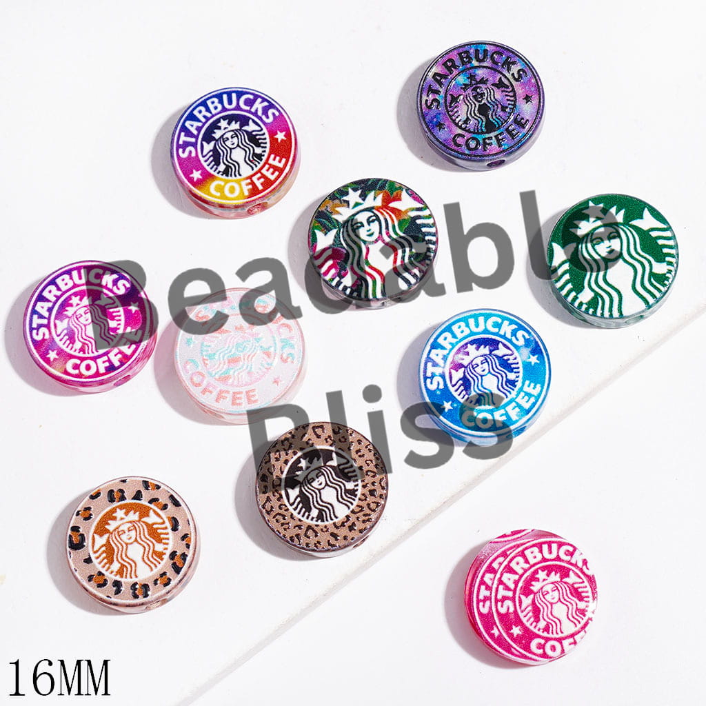 16MM - Acrylic Beads Coffee Series, Flat Round Shape, Multi-Color, Random Mix