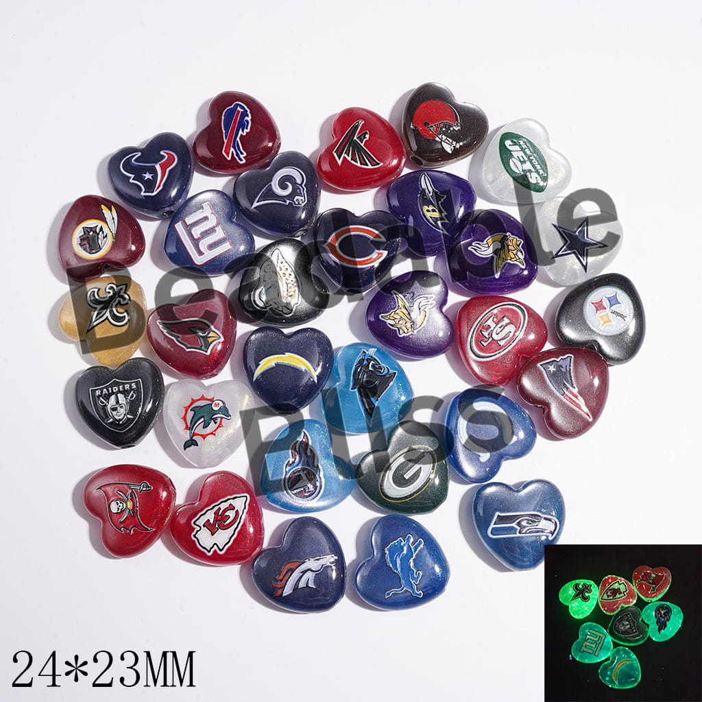 Acrylic Beads Luminous and Cat Eye Style with Gold Glitter, American Football Team Series, 24*23MM, Heart Shape, Random Mix