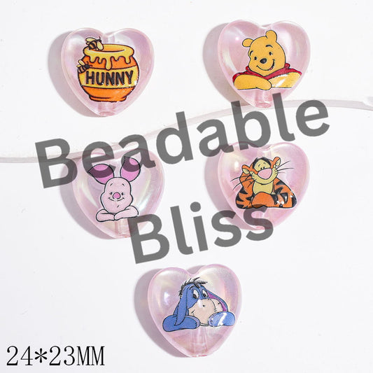 Acrylic Beads UV Finish Cat Eye Style Classic Animation Character, Pig Tiger Donkey Bear Honey, 24*23MM, Pink Heart Shape, Random Mix