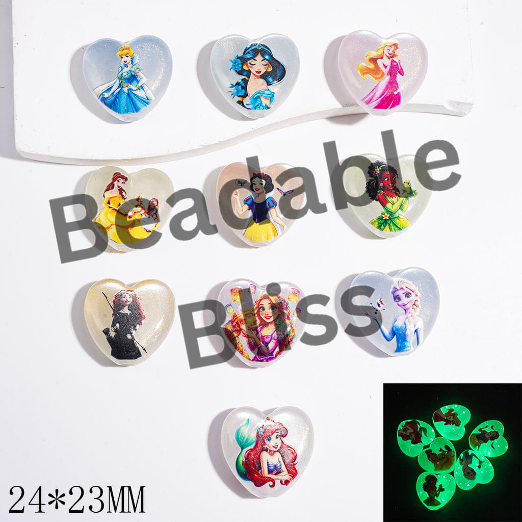 Beautiful Princess Characters Luminous & Cat Eye Style Acrylic Beads, with Gold Glitter, Heart Shape, Random Mix