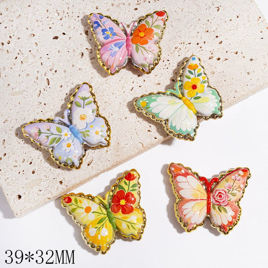 Acrylic Beads Butterfly with Rose Flower, 39*32MM, Gold Border, Random Mix