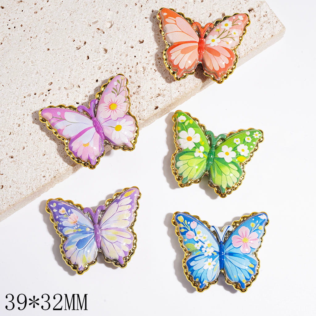 Acrylic Beads Butterfly with Daisy Flower, 39*32MM, Gold Border, Random Mix