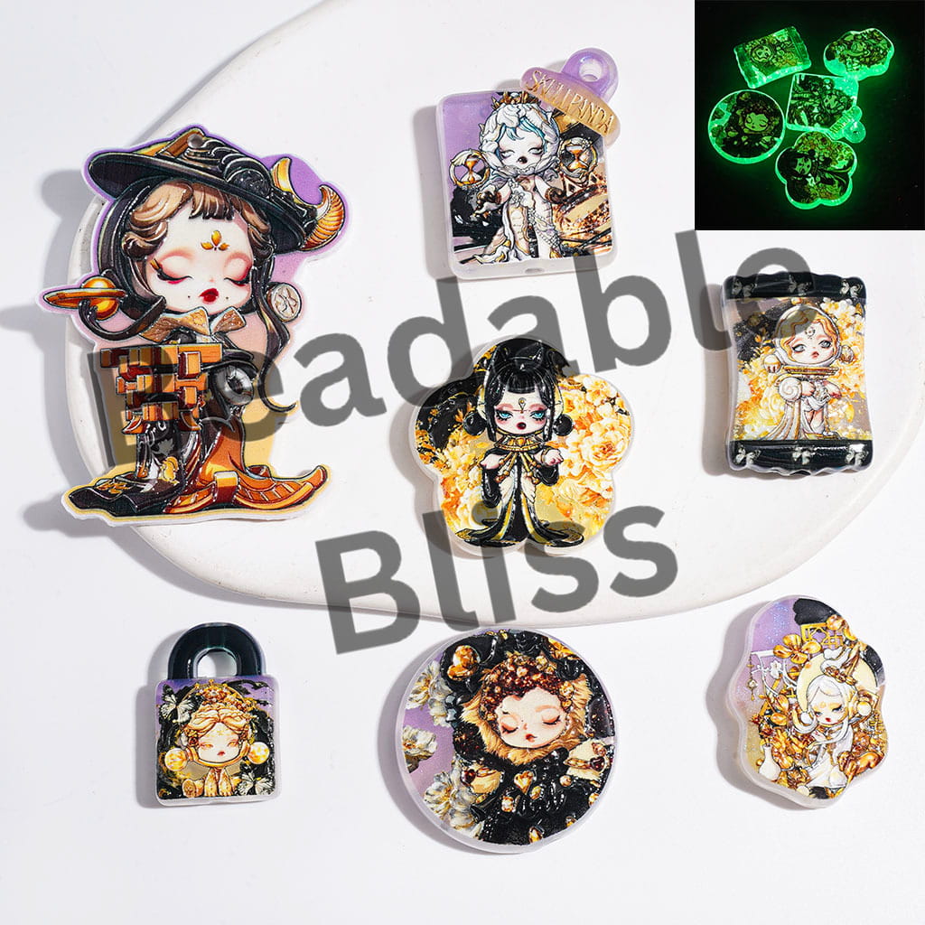 Acrylic Beads and Pendants Luminous Gothic Style Girl Doll Series, Yellow Style, Random Mix