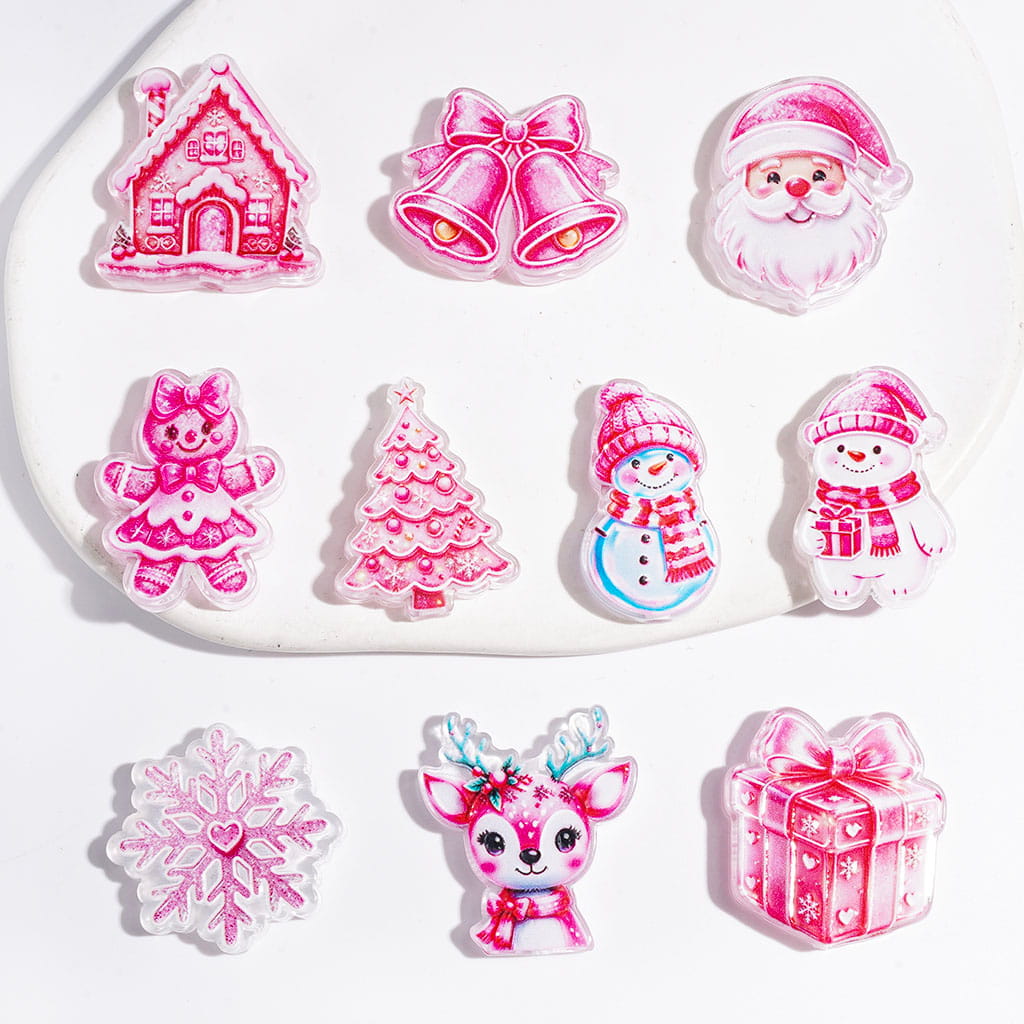 Christmas Pink Series Acrylic Beads, Snowflake Tree Bell Snowman Deer House Gift Box Gingerbread Man, Random Mix