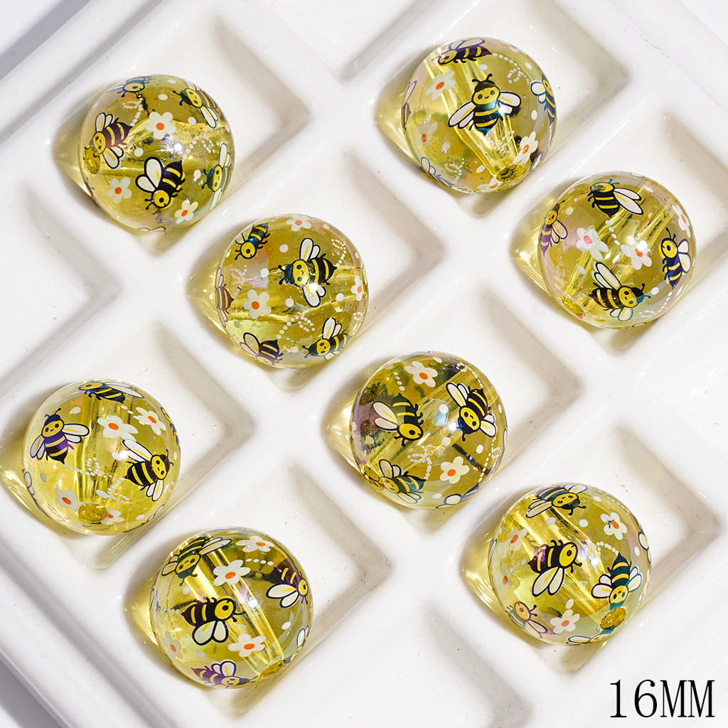 Bee and Flower Print UV Finish Acrylic Beads for Bracelets, Clear Yellow, 16MM