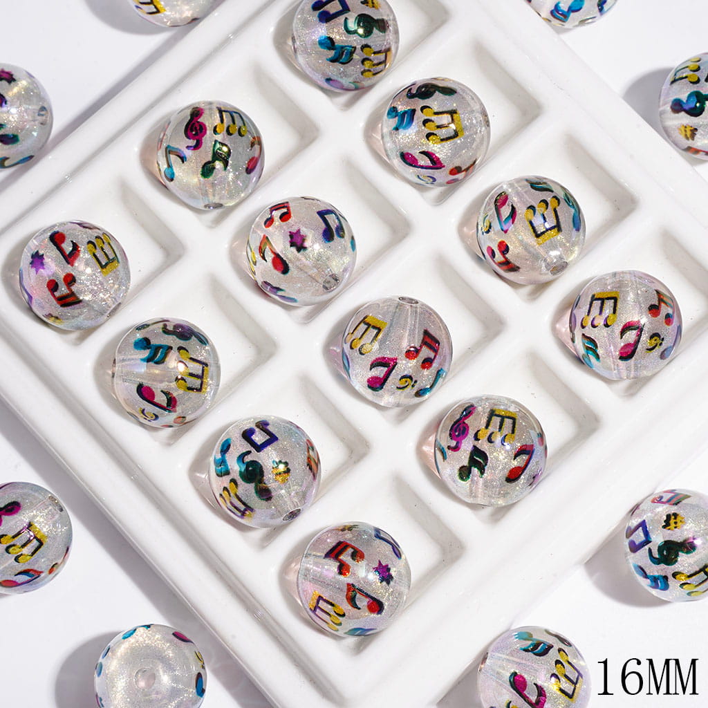 16MM - Clear Acrylic Beads for Bracelets UV Coating with Colorful Music Note and Glitter