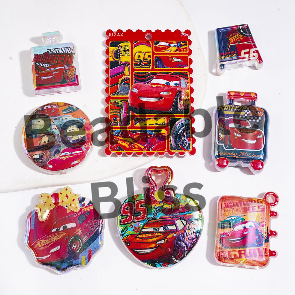 UV-Coated Acrylic Beads and Pendants with Sports Car in Red Series, Random Mix