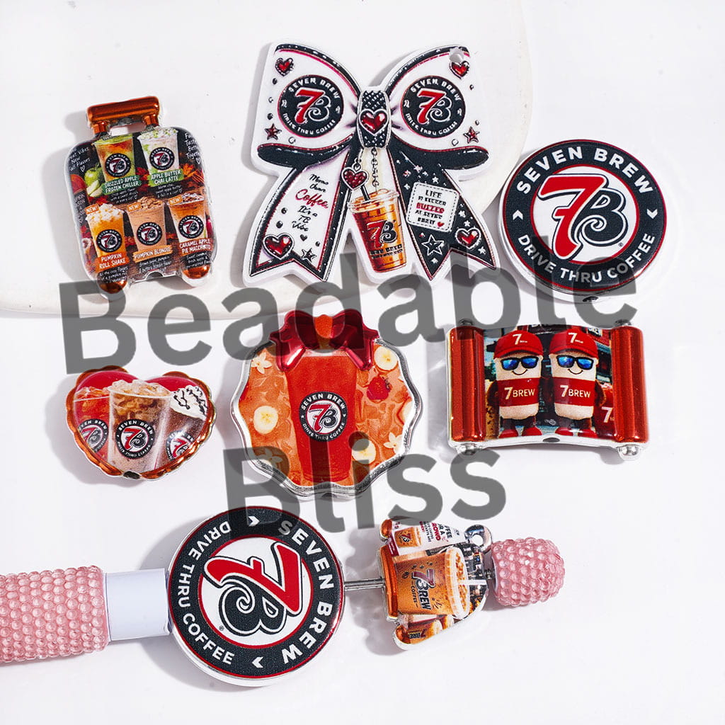 Acrylic Beads and Pendants with Coffee Series, Silver Border, Random Mix