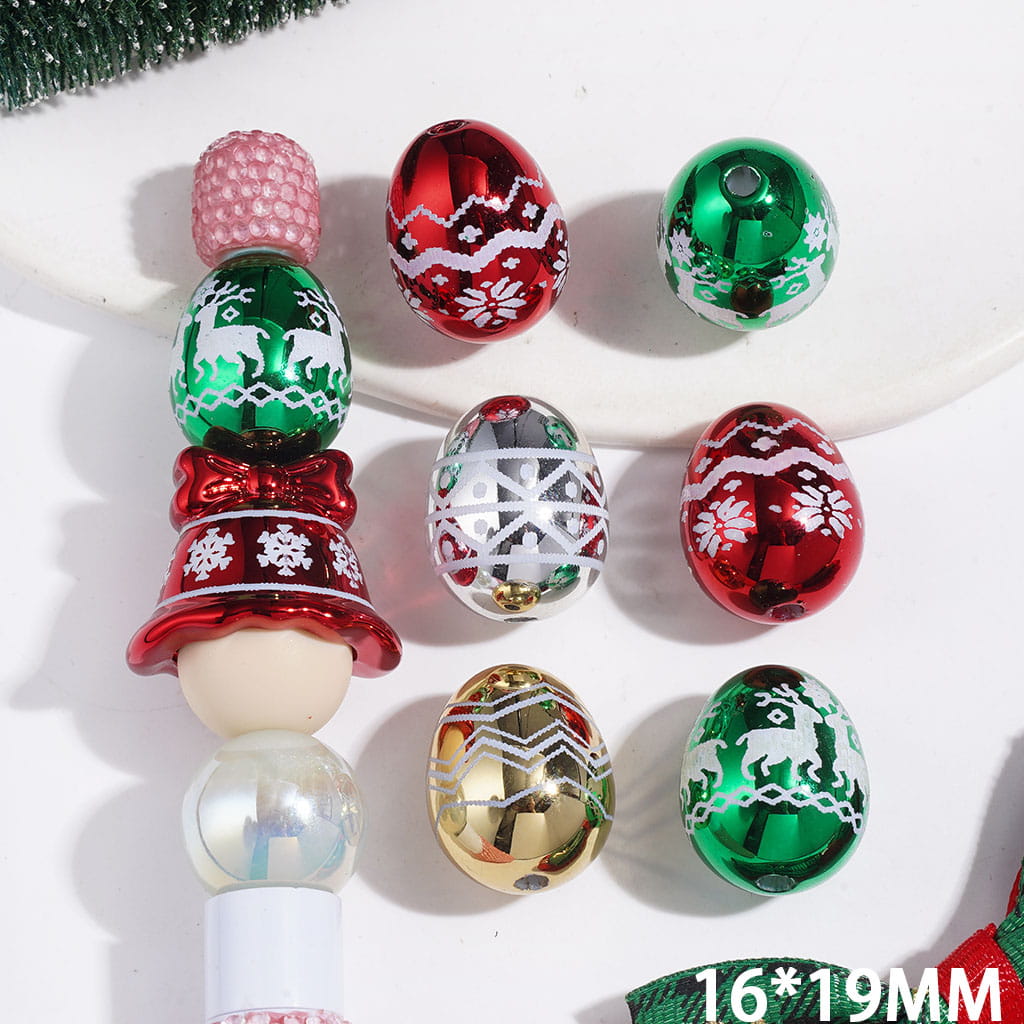 Acrylic Beads Metallic Finish Egg in Christmas Theme, 16*19MM Multi-Color Random Mix