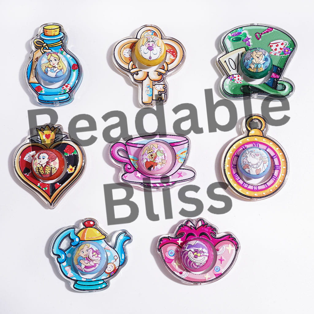 Girl into Rabbit Hole Fantasy World in Character Printed Series Collection Set Acrylic Beads, Pocket Watch Tea Set Hat Heart Bottle Key Cat, Random Mix