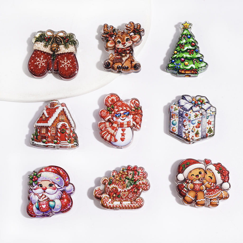 Semi-Clear Merry Christmas Design Acrylic Beads, Santa Claus Gift Box Reindeer Gingerbread House Glove Sleigh Random Mix