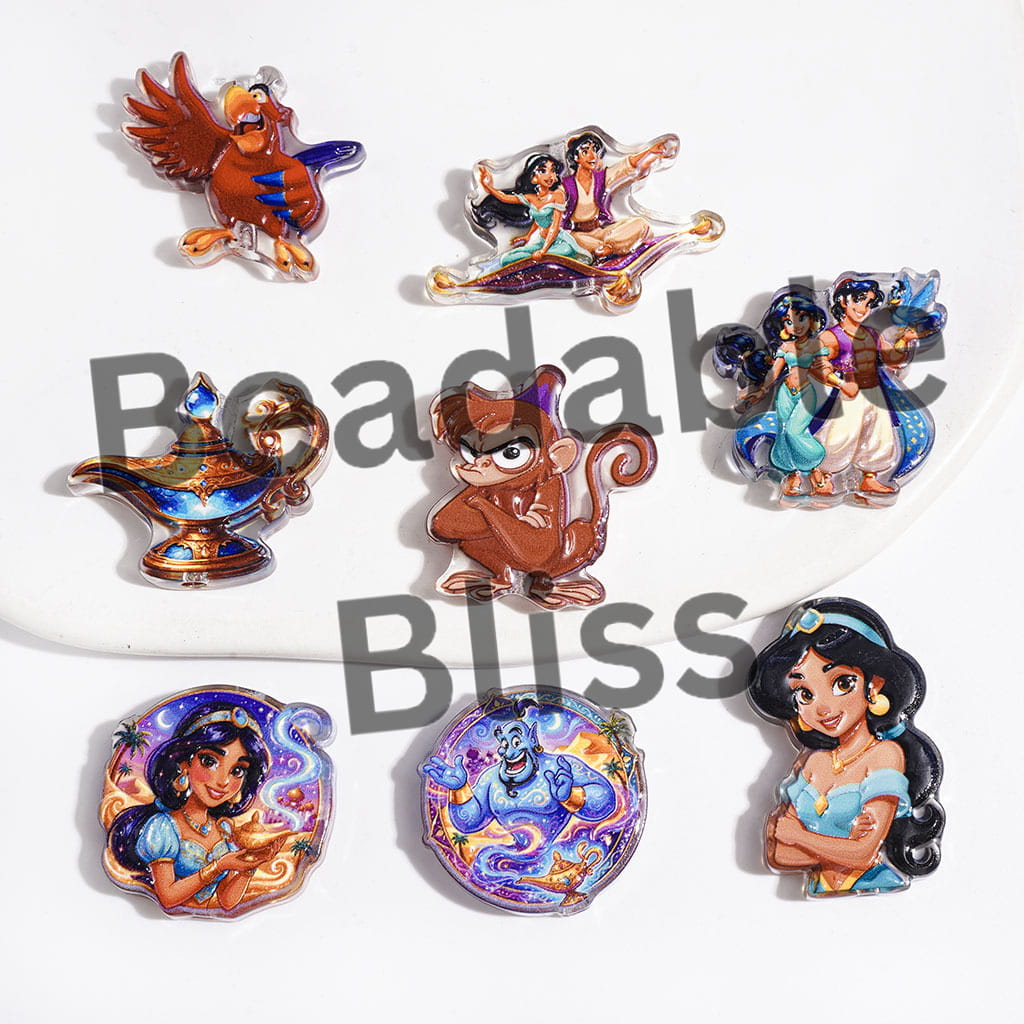 Classic Ordinary Boy and Magic Lamp Prints Series Acrylic Beads, Princess Monkey Parrot, Semi-Clear, Random Mix
