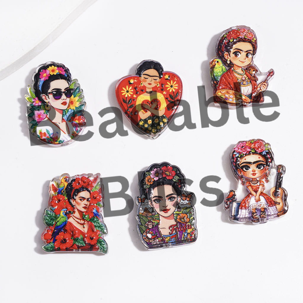 Flower Style Frida Oil Painting Portraits Series Acrylic Beads, Semi-Clear, Random Mix