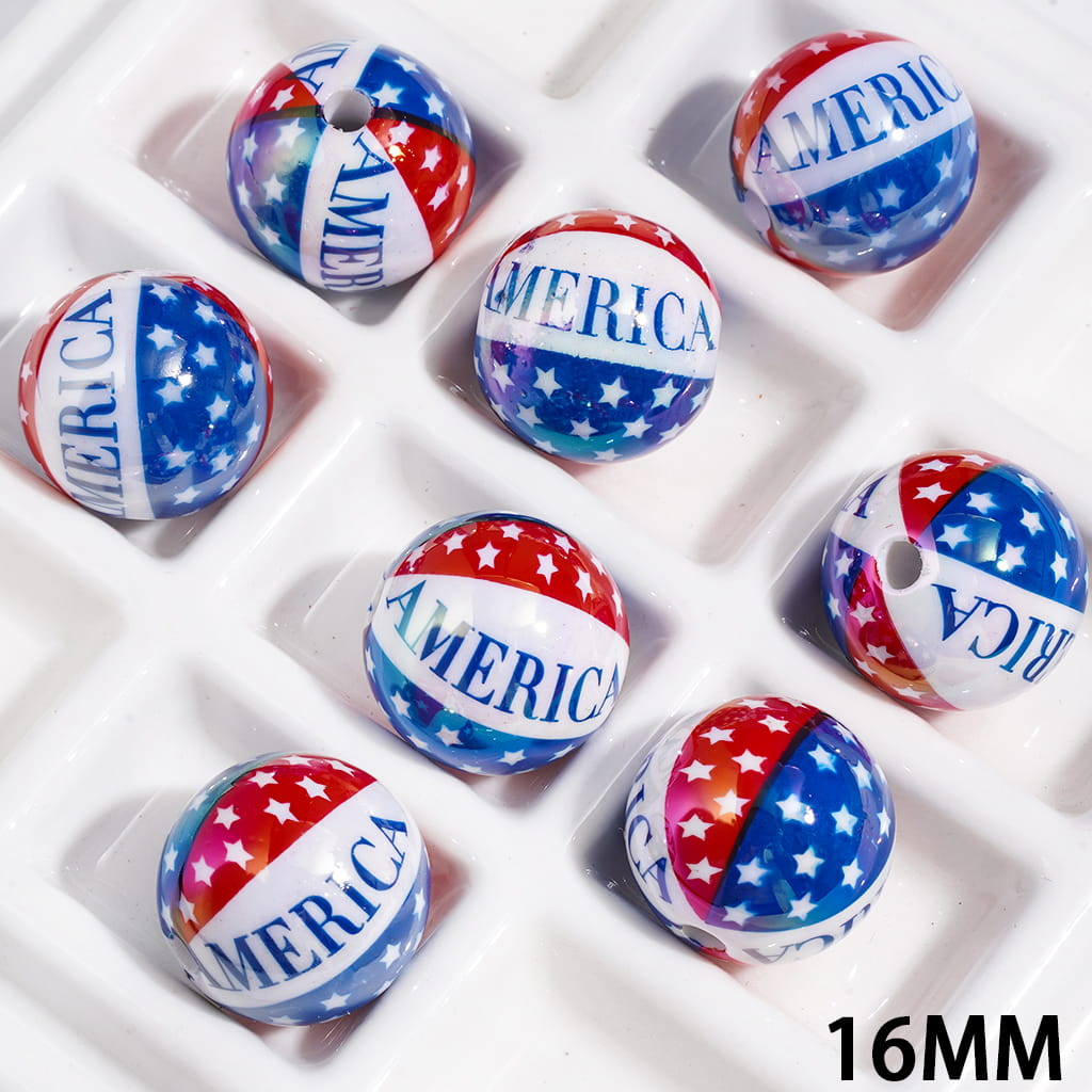 UV-Coated Acrylic Beads for Bracelets American Flag Star Stripe Pattern, Independence Day Theme, 16MM