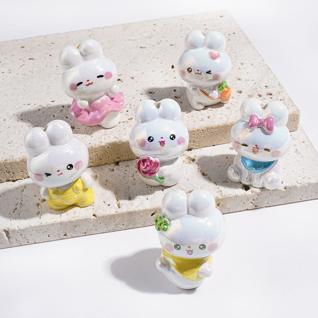 UV-Coated White Bunny Theme Acrylic Beads, Various Girlish Style, Random Mix