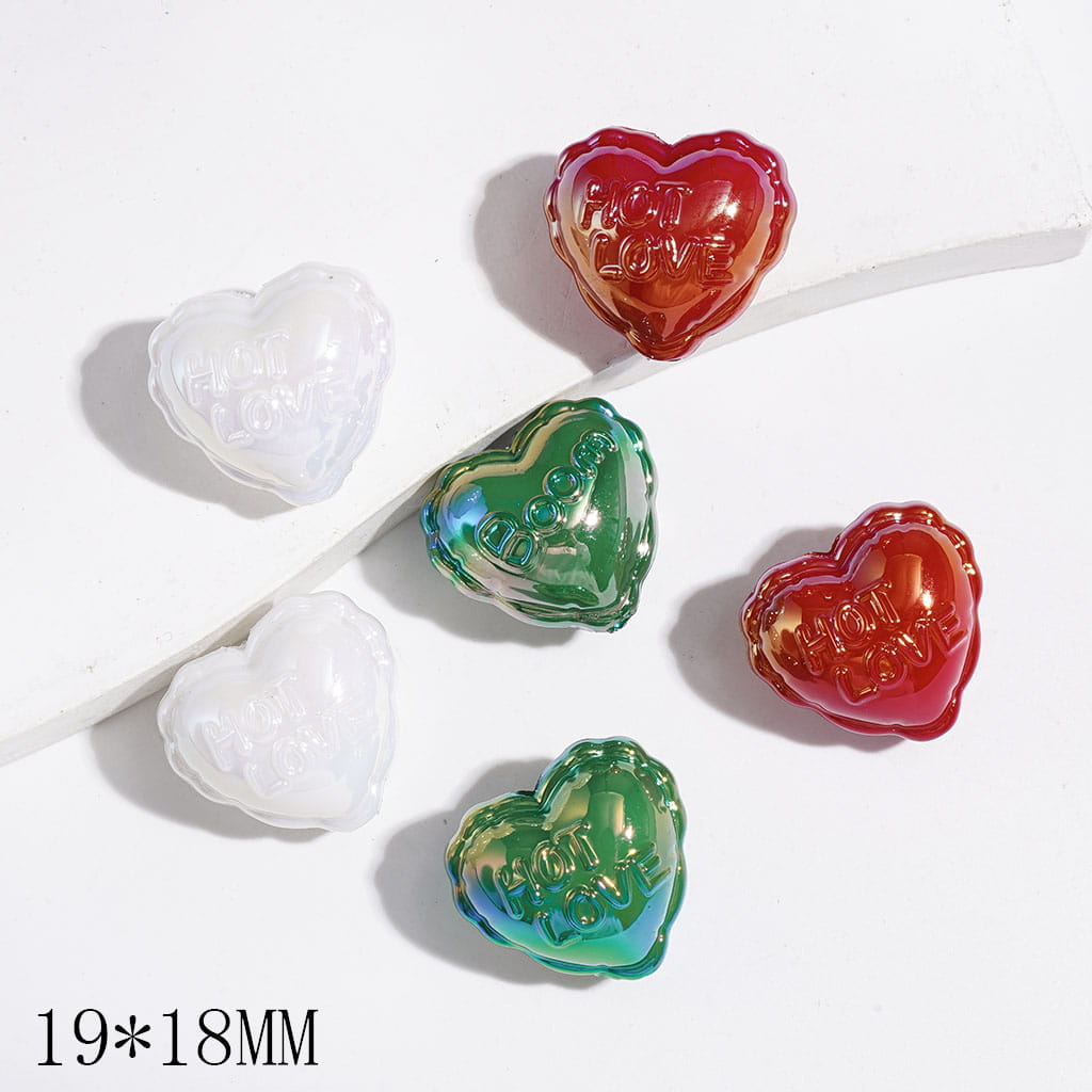 Christmas Theme Heart with Text "Boom" & "HOT LOVE" Acrylic Beads, UV Finish, 19*18MM, Red Green White, Random Mix