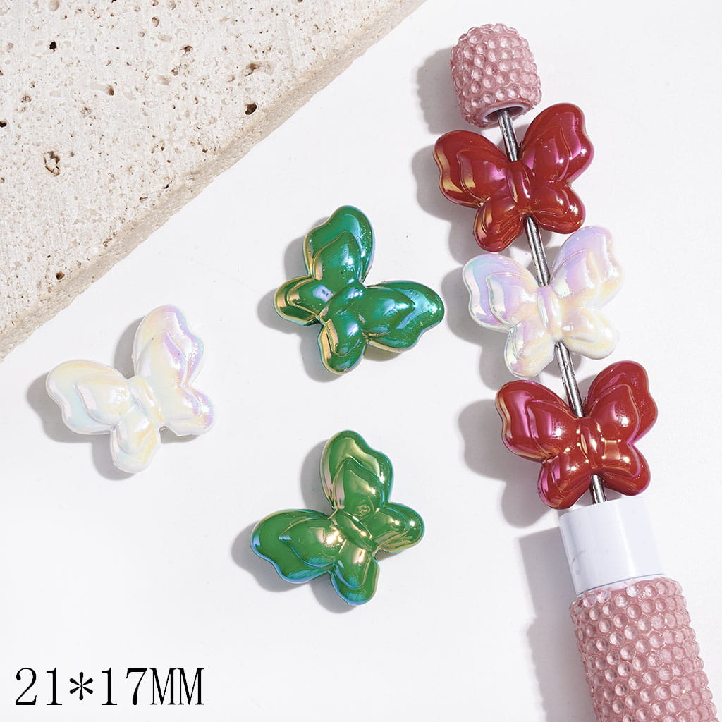 UV Coating Double Layer Butterfly Acrylic Beads, Christmas Red Green White Series, 21*17MM, Random Mix