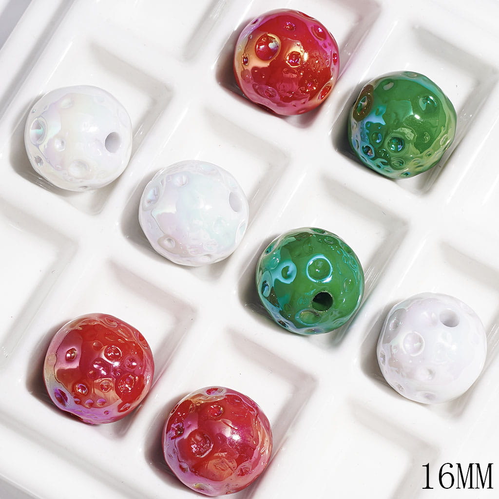 Christmas Round Beads with Meteor Crater Design, Acrylic Beads for Bracelets & Necklace, 16MM, Red Green White, Random Mix