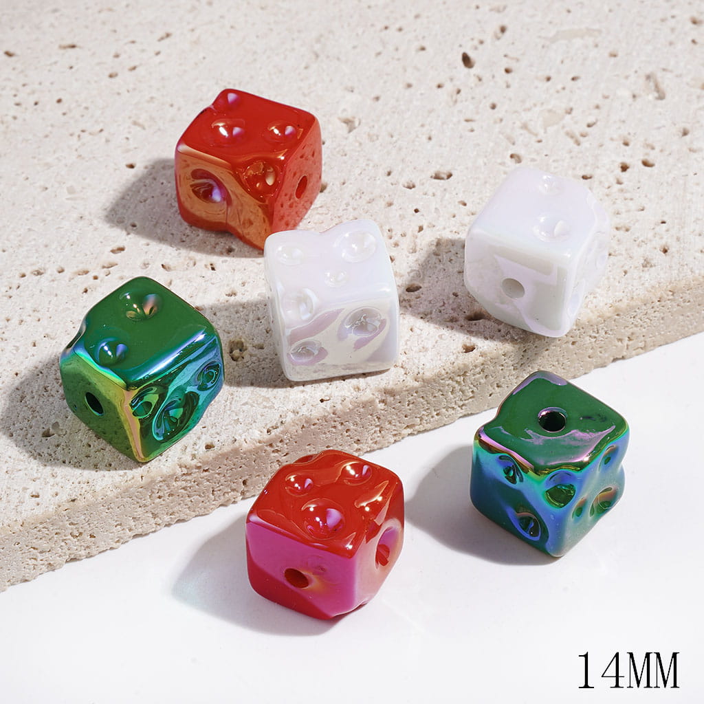 Christmas Red Green White Cheese Acrylic Beads, UV Finish, 14MM, Cube Square Shape, Random Mix