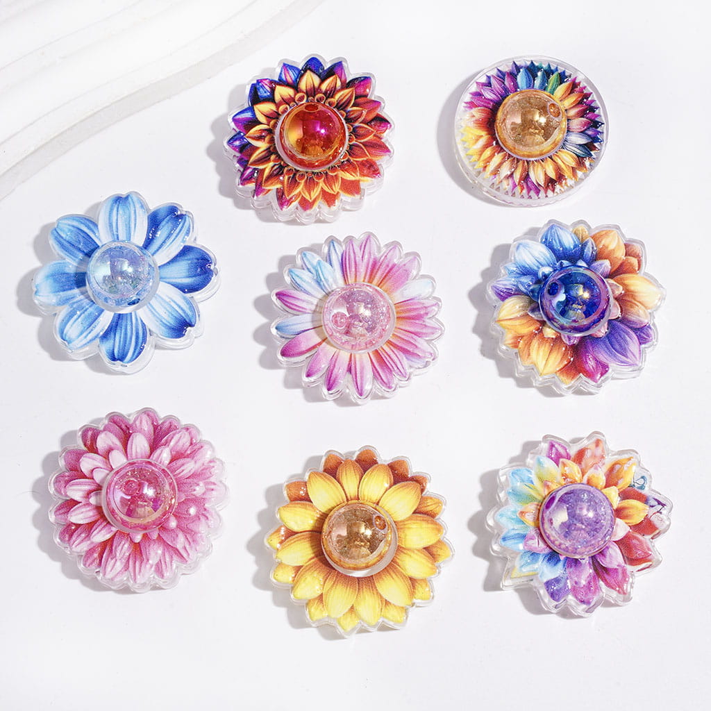 Hollowed Sun Flower and UV Finish Crackle Round Beads Acrylic Beads, Semi-Clear, Multi-Color, Random Mix