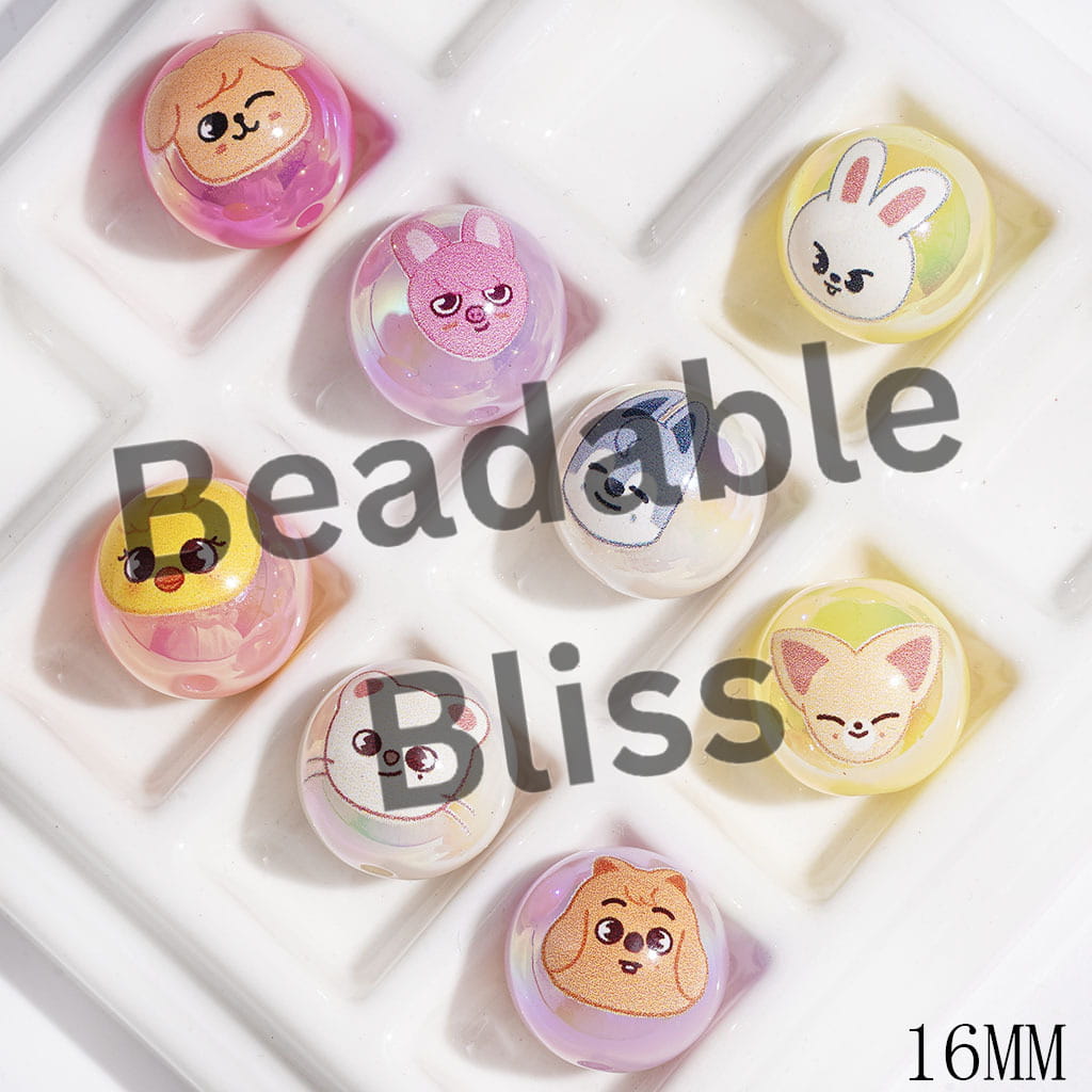 UV Finish Acrylic Beads for Bracelets Korea Boy Group Animal Image Character, 16MM, Candy Color, Random Mix