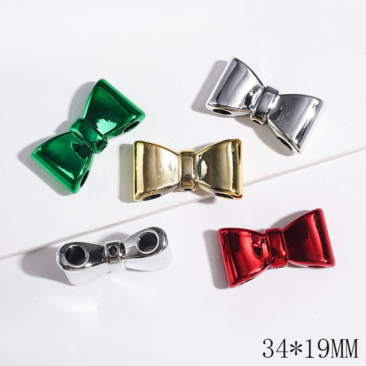Acrylic Beads Metallic Finish Christmas Bowtie, Double Holes, 34*19MM Multi-Color Random Mix