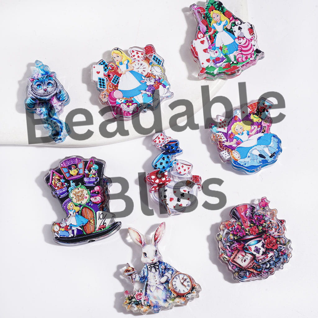 Semi-Clear Girl into Rabbit Hole Fantasy World Printed Series Acrylic Beads, Random Mix