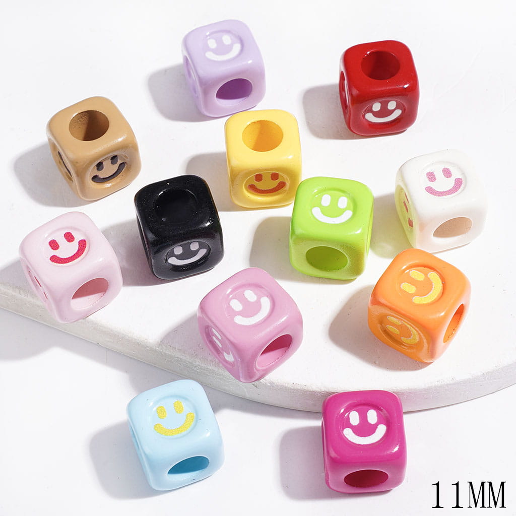 Smiling Face Acrylic Beads, Big Hole Beads, Cube Square Shape, 11MM, Assorted Colors, Random Mix (The Hole Diameter is Around 6.2MM)