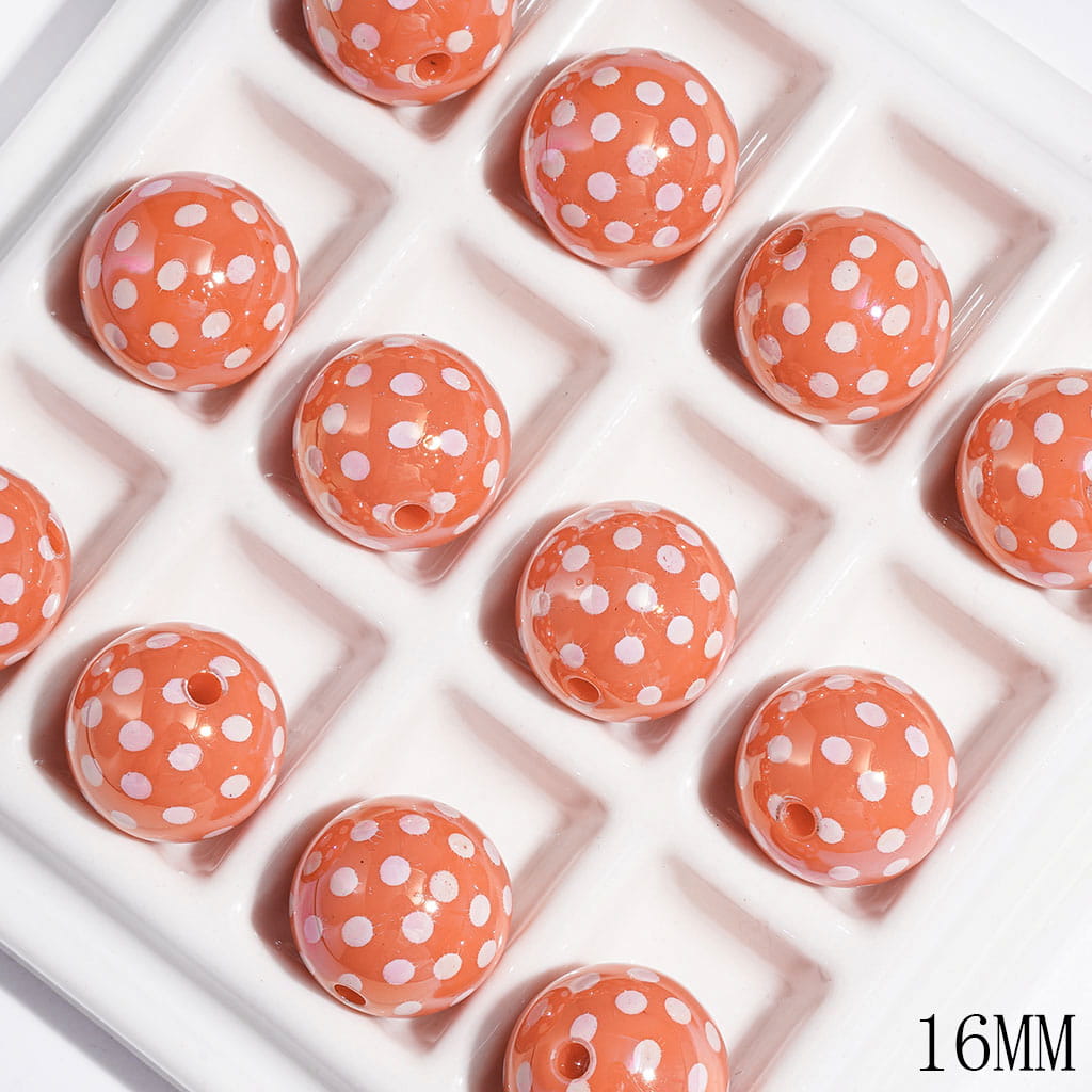 Orange Acrylic Beads for Bracelets with White Polka Dots, UV Finish, 16MM