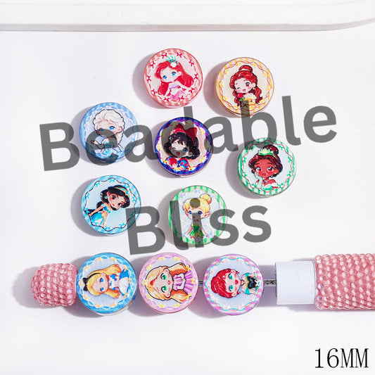 Semi-Clear Acrylic Beads with Beautiful Princess Print, Flat Round Shape, 16MM, Random Mix
