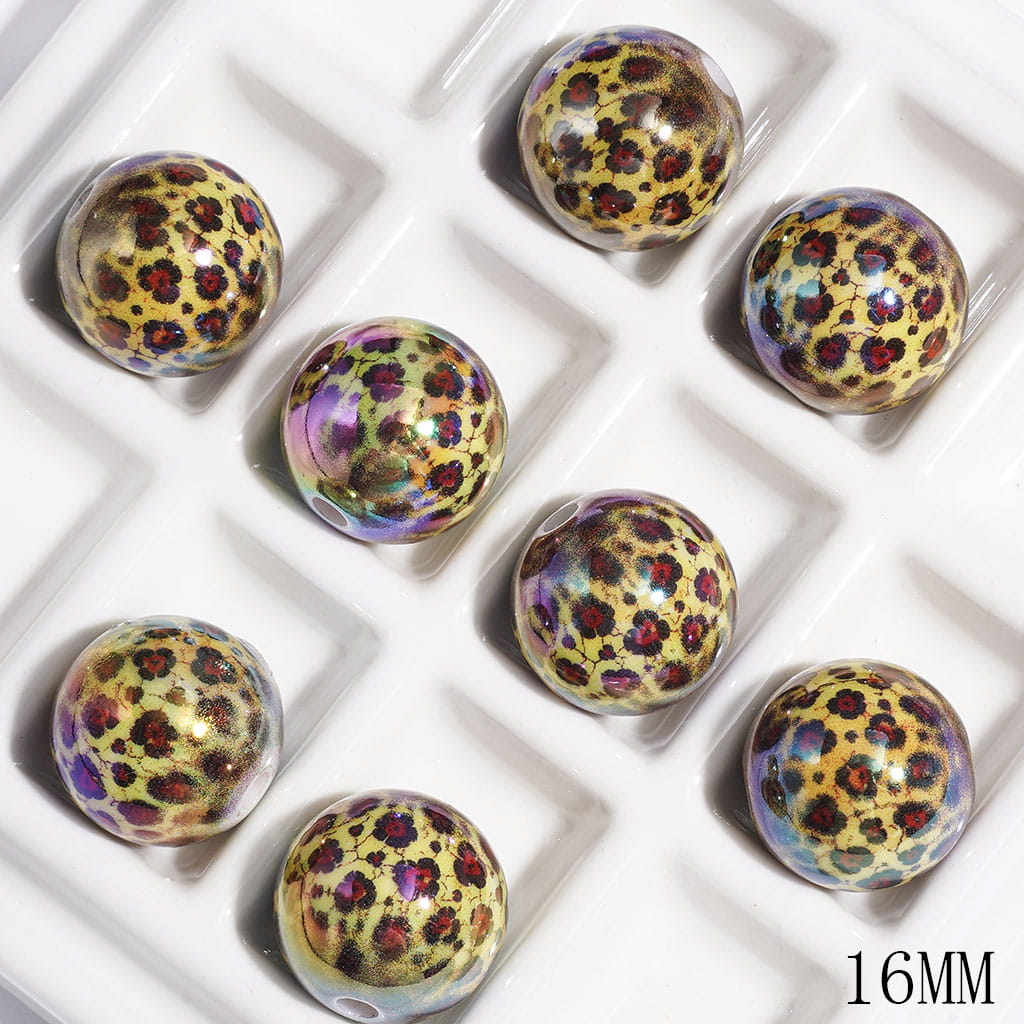 Yellow Round Beads with Red Black Plum Blossom Shaped Leopard Patterns, UV Finish Acrylic Beads for Bracelets, 16MM