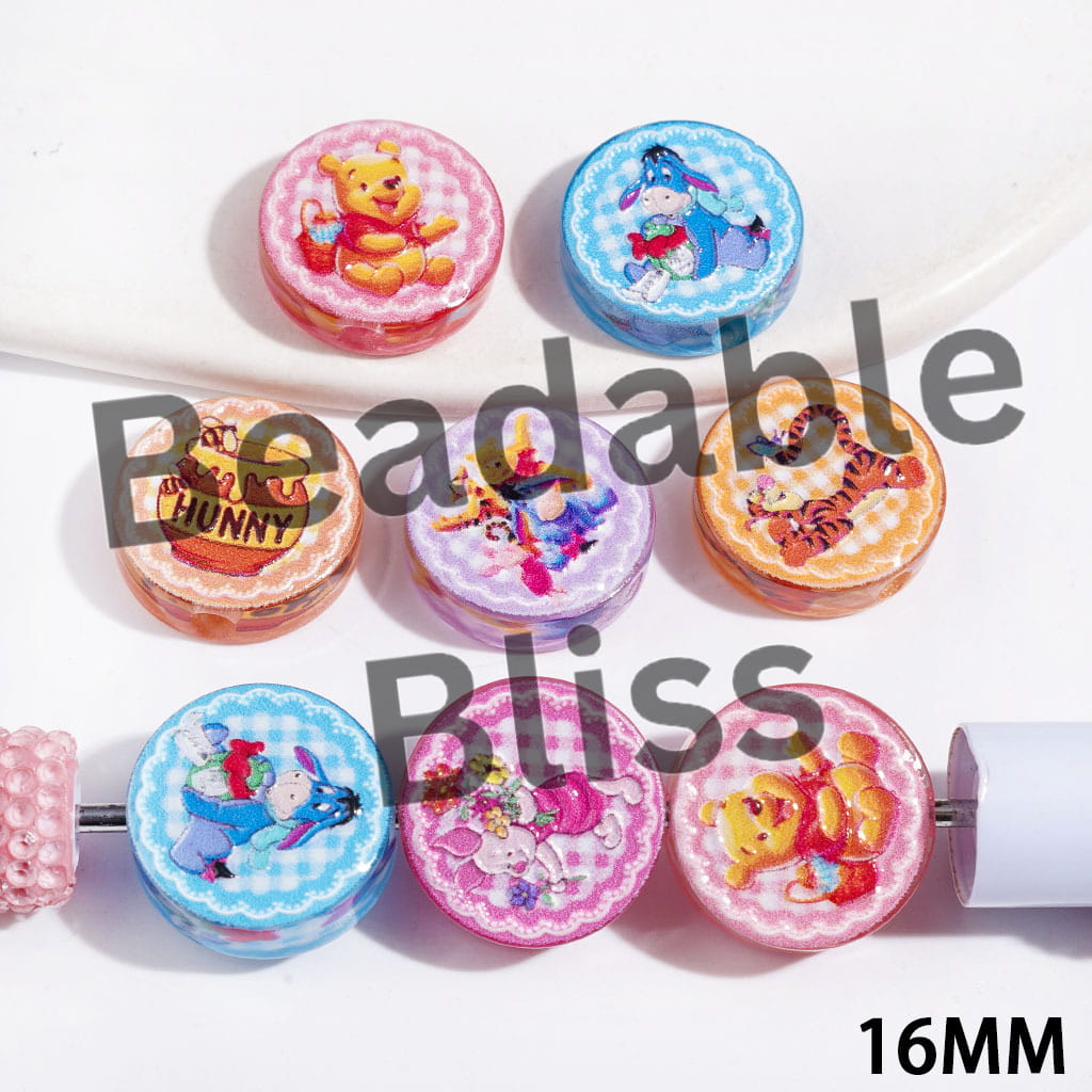 Cute Cartoon Animal Characters Bear Donkey Tiger Pig and Honey Jar Acrylic Beads, Flat Round Shape, 16MM Random Mix