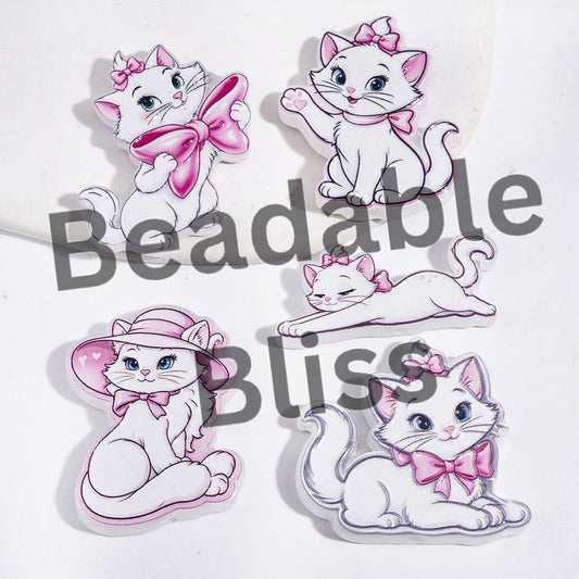Diverse Style Beautiful Cat Characters with Pink Bowtie Acrylic Beads, Random Mix