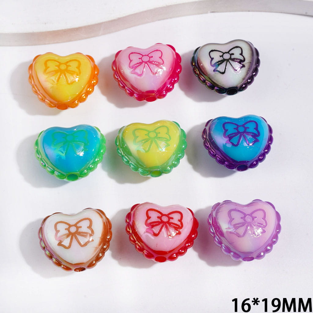 Acrylic Beads Heart with Bowtie and Wavy Edge, UV Finish, 16*19MM Multi-Color Random Mix