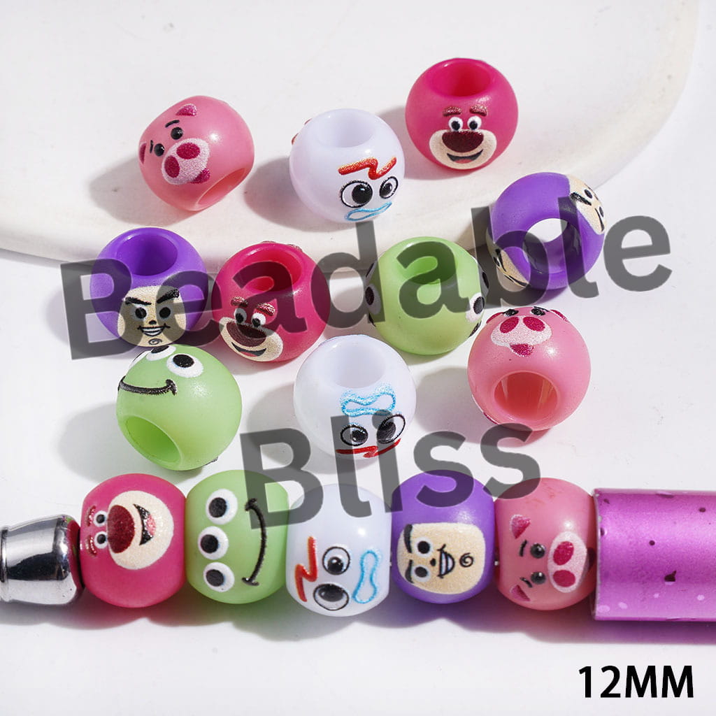 Big Hole Beads - Acrylic Beads in Toy Adventure Characters Face, 12MM, Multi-Color, Random Mix (The Hole Diameter is Around 6MM)