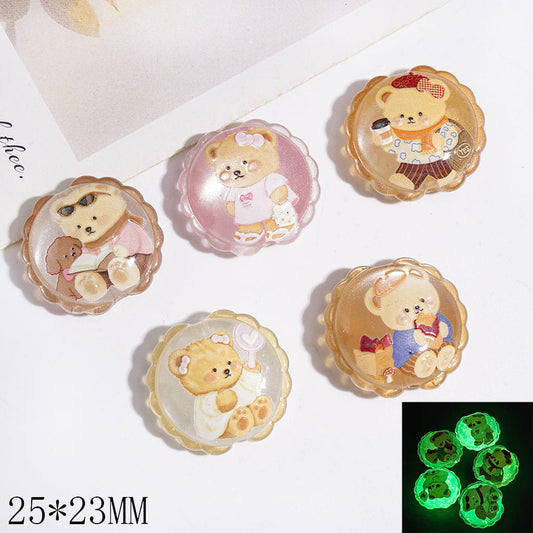 Acrylic Beads Cat Eye Style and Luminous Cute Bear Prints, 25*23MM, Wavy Edge, Random Mix