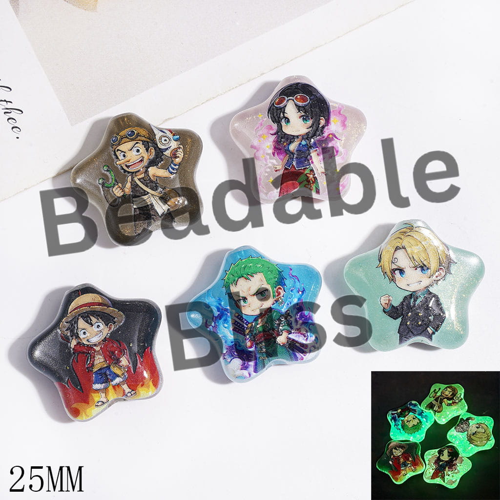 Cat Eye Style & Luminous Japanese Anime Pirate Crew Character Acrylic Beads, 25MM, Star Shape, Random Mix