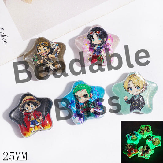 Cat Eye Style & Luminous Japanese Anime Pirate Crew Character Acrylic Beads, 25MM, Star Shape, Random Mix