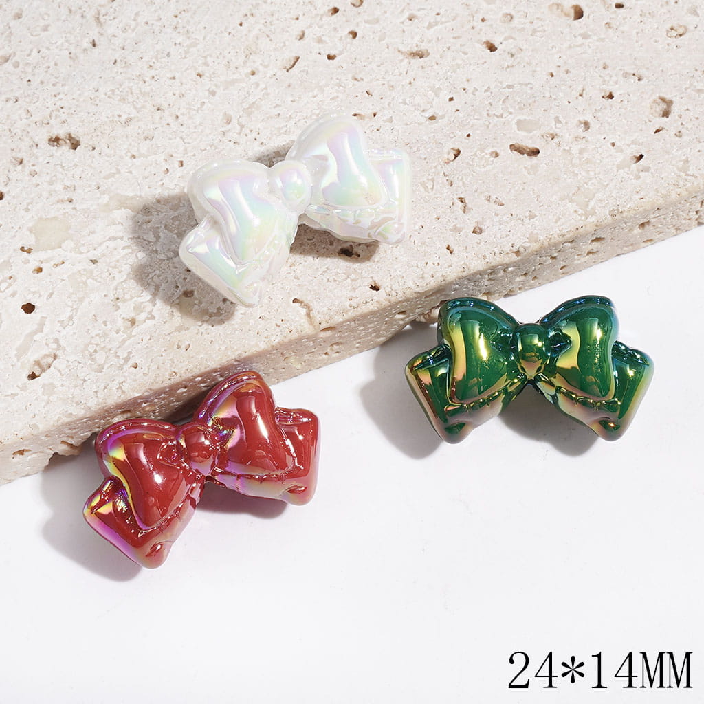 UV Finish Double Layer Bowtie Acrylic Beads, 24*14MM, Christmas Red and Green and White, Random Mix