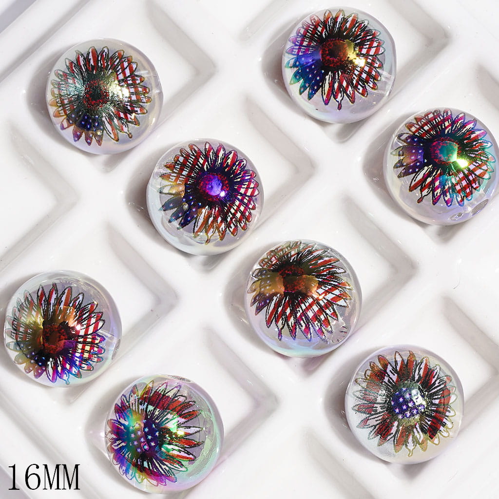 Sunflower with USA Flag Pattern Acrylic Beads for Bracelets, UV Finish, 16MM