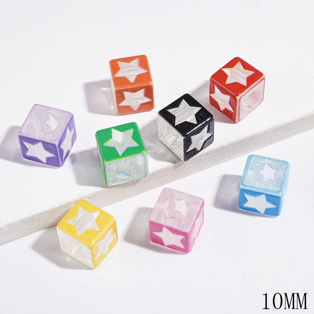 Acrylic Beads Cube Square Shape with Star, 10MM, Big Hole Beads, Clear, Random Mix (The Hole Diameter is 6MM)