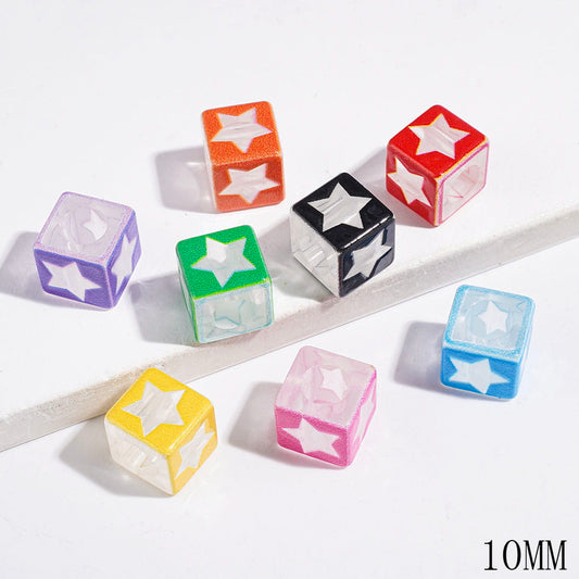 Acrylic Beads Cube Square Shape with Star, 10MM, Big Hole Beads, Clear, Random Mix (The Hole Diameter is 6MM)