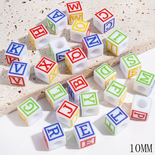 Cube Square Shape with ALL Alphabet Letter Acrylic Beads, 10MM, Big Hole Beads, Random Mix (The Hole Diameter is 6MM)
