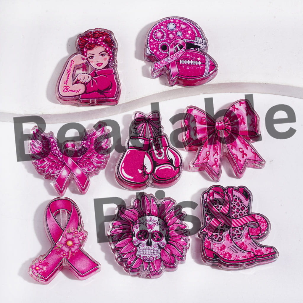 Semi-Clear Acrylic Beads Pancreatic Cancer Awarenss in Pink Red Series, Silk Ribbon Butterfly Flower Pattern, Random Mix