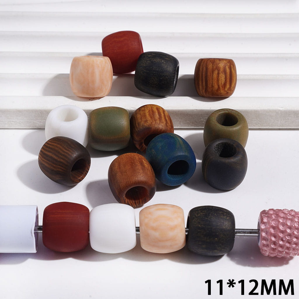 Acrylic Barrel Beads with Wood Texture, Large Hole Beads, 11*12MM, Multi-Color, Random Mix (The Hole Diameter is 6MM)